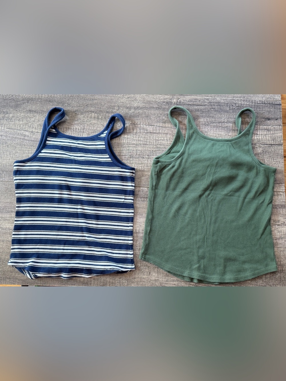 Set of 2 J.Crew tank tops with shelf bras, olive green and navy stripe. Medium. - Picture 2 of 4